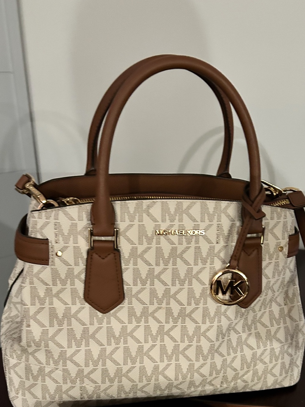 Michael Kors Vanilla and Brown Logo Satchel with Gold Hardware